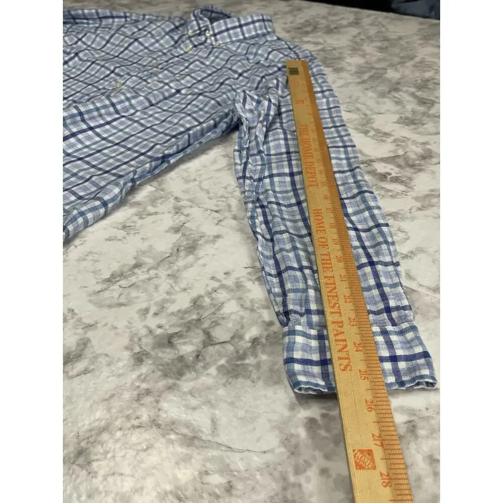 Preppy Linen Banana Republic Camden Standard Fit Button Down Shirt L Blue Plaid